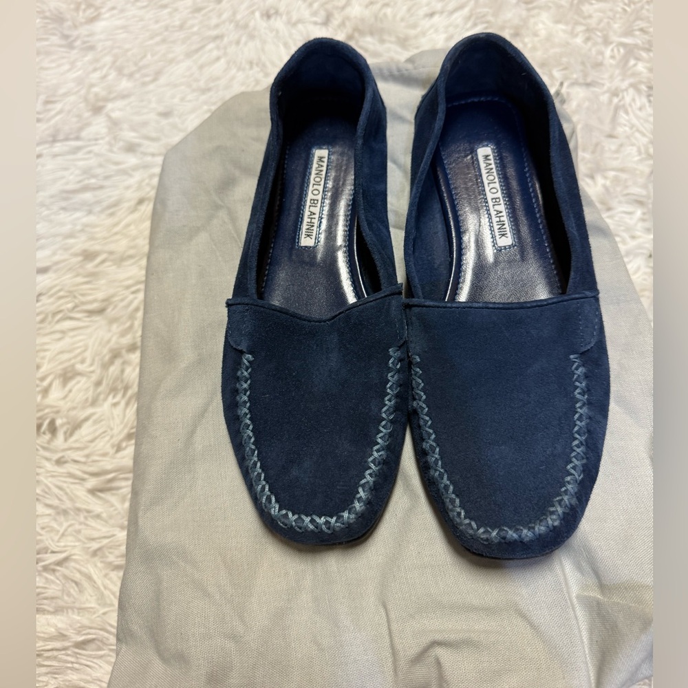 Manolo BLAHNIK Blue Suede Leather Loafers Flats Sex In The City